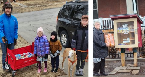 Kids delivering donated grocery items to the local Little Free Pantry.